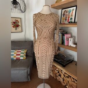 Gianni Bini Champagne Gold Geometric Long Sleeve Sequin and Beaded Dress